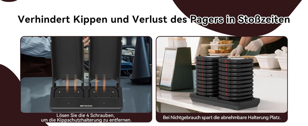 Retekess TD186 Restaurant Pager System, 20 Pager, 600 m, Kippdesign, 64 Rufkombinationen, automatische Weckfunktion, für Restaurant Bars Café