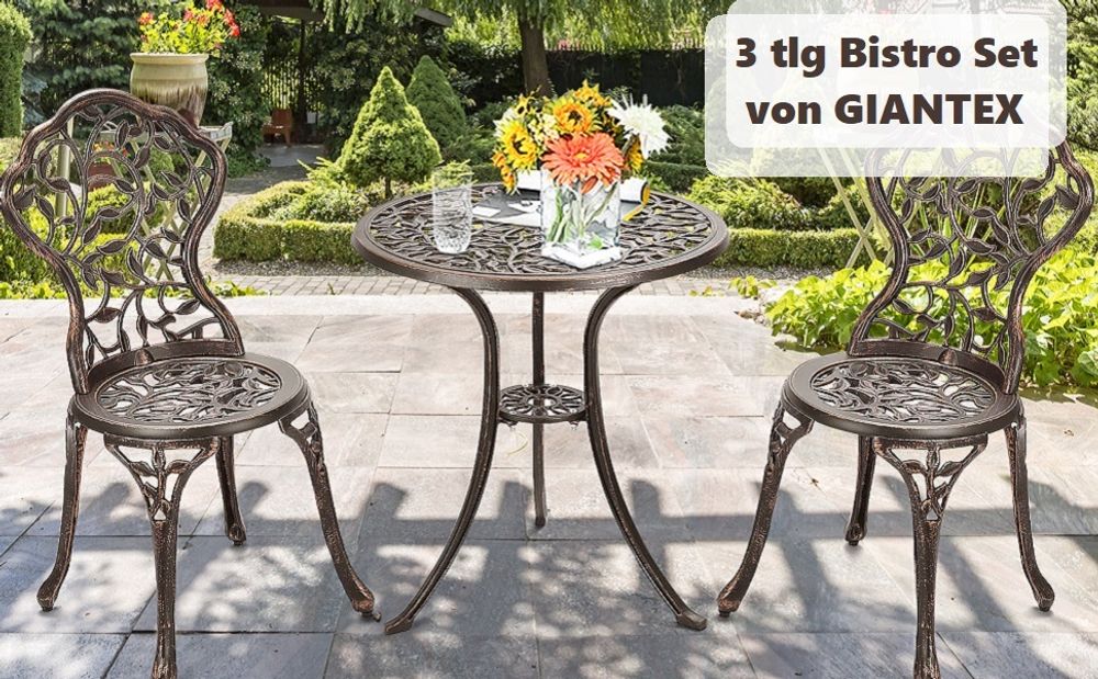 3 TLG. Bistro Set, Bistrotisch mit 2 Stühlen, Gartenmöbel Set Alu, Gartenset Balkonset antik, Balkonmöbel Set Sitzgruppe Outdoor Bronze