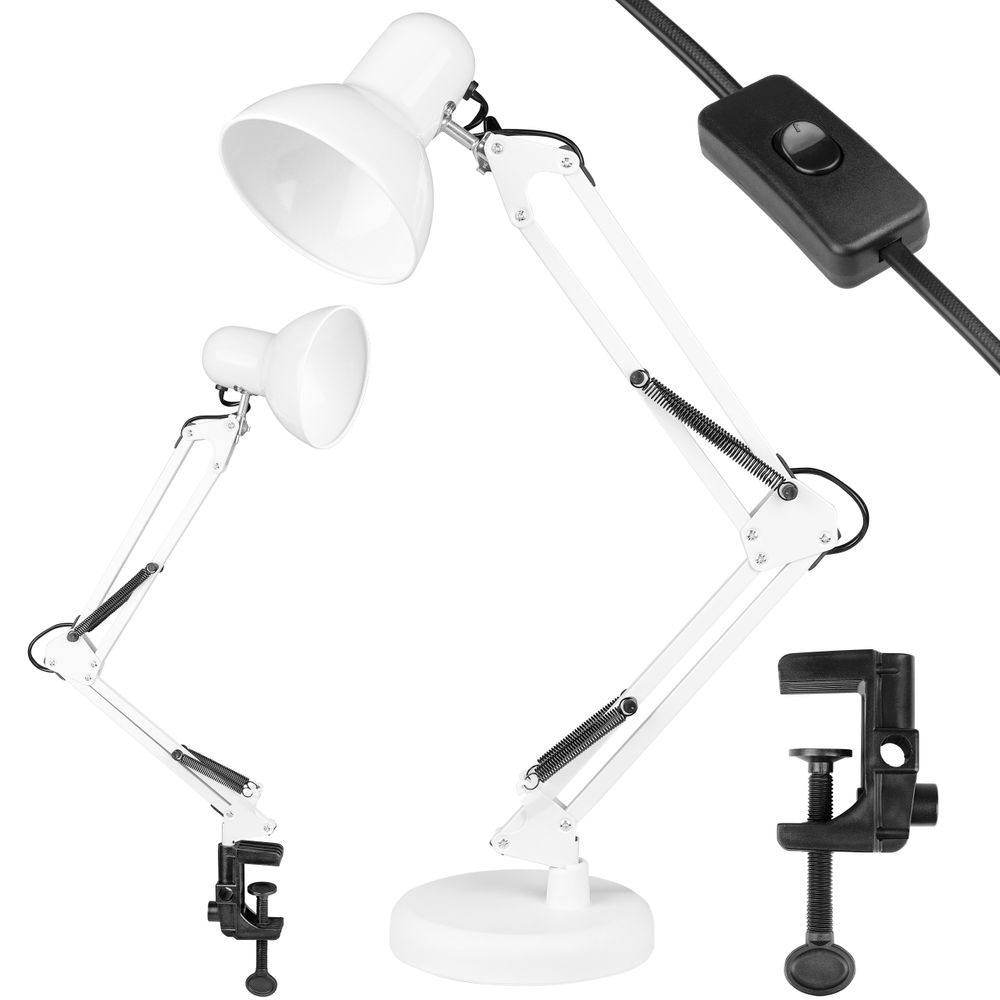 Zwei Montagemöglichkeiten für die Lampe, Klemme für den Schreibtisch oder stabiler Standfuß.
