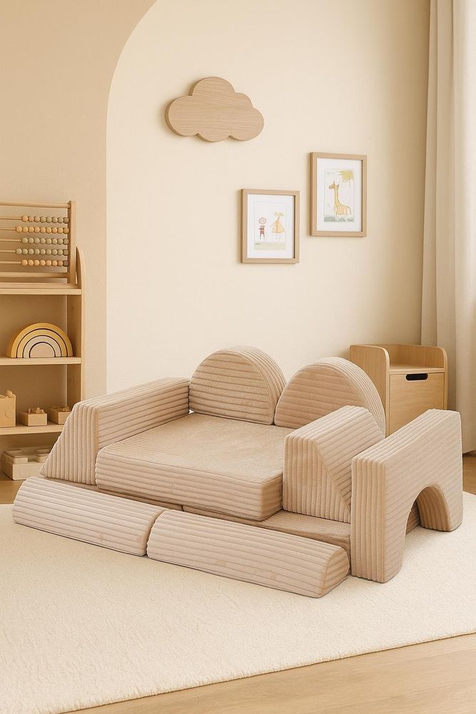 Spielsofa Kinder 11 tlg. modular – Kindersofa in Flanell Cord Optik -  Standard 100, formstabil, erweiterbar, Indoor Tobesofa (Beige)
