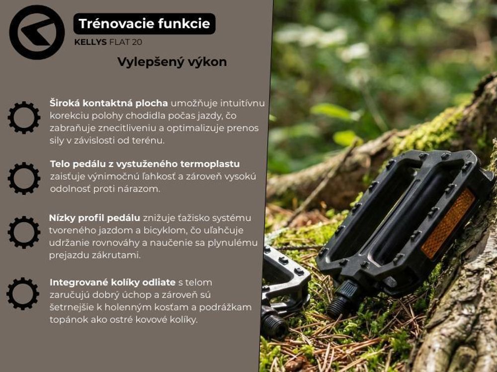 Kellys KLS FLAT 20 – lehké platformové pedály z termoplastu pro BMX a městská kola, s ocelovou osou a ložisky SPB