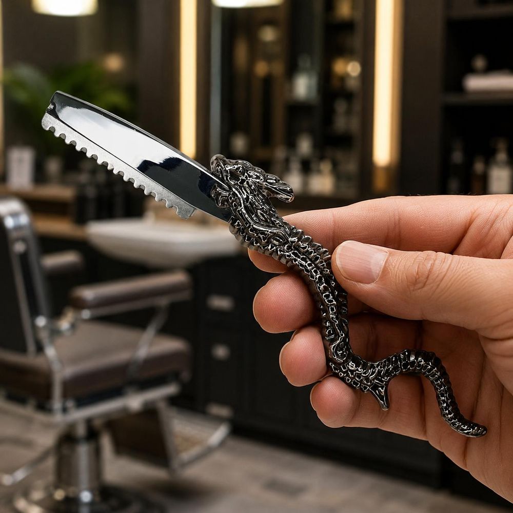 Rasoir de barbier professionnel en style dragon argenté