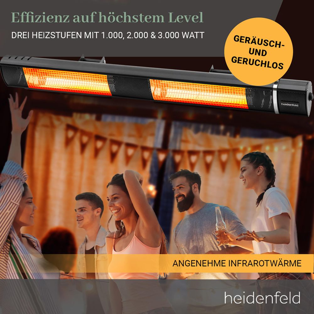Heidenfeld Infrarot Heizstrahler IH110 | 3 Heizstufen - 180 Grad neigbar - Terrassenstrahler - Infrarotstrahler - Elektroheizung - 1000 - 3000 Watt