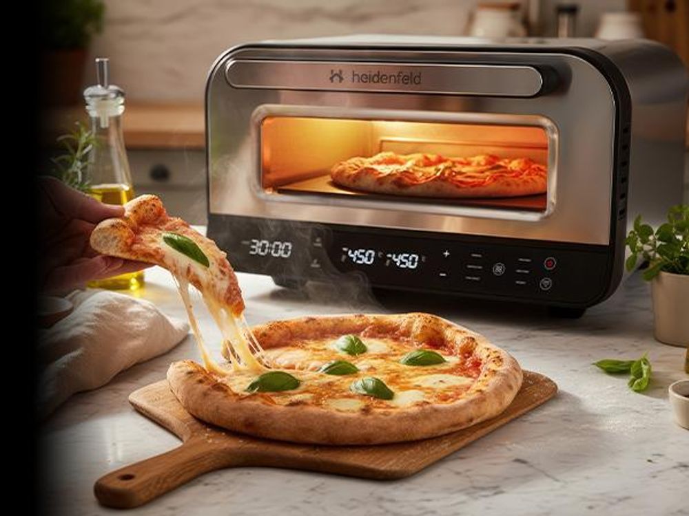 Heidenfeld Pizzaofen Pizzaboss | Elektrischer Pizza Ofen - Backofen - Pizzabackofen - Pizzamaker - inkl. Pizzastein & Pizzaschieber - Bis 450° C