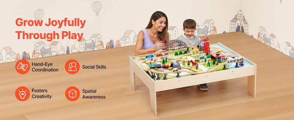 VEVOR Zugtisch, 120 mehrfarbige Holzstücke, Aktivitätstisch für Kinder mit zusammenklappbarem Aufbewahrungsbehälter, 3-in-1 Holz-Zugset zum Spielen, Zeichnen, Lesen, Essen, kreatives Spielzeugset für Kinder ab 3 Jahren, 47.4x33.5x16 Zoll