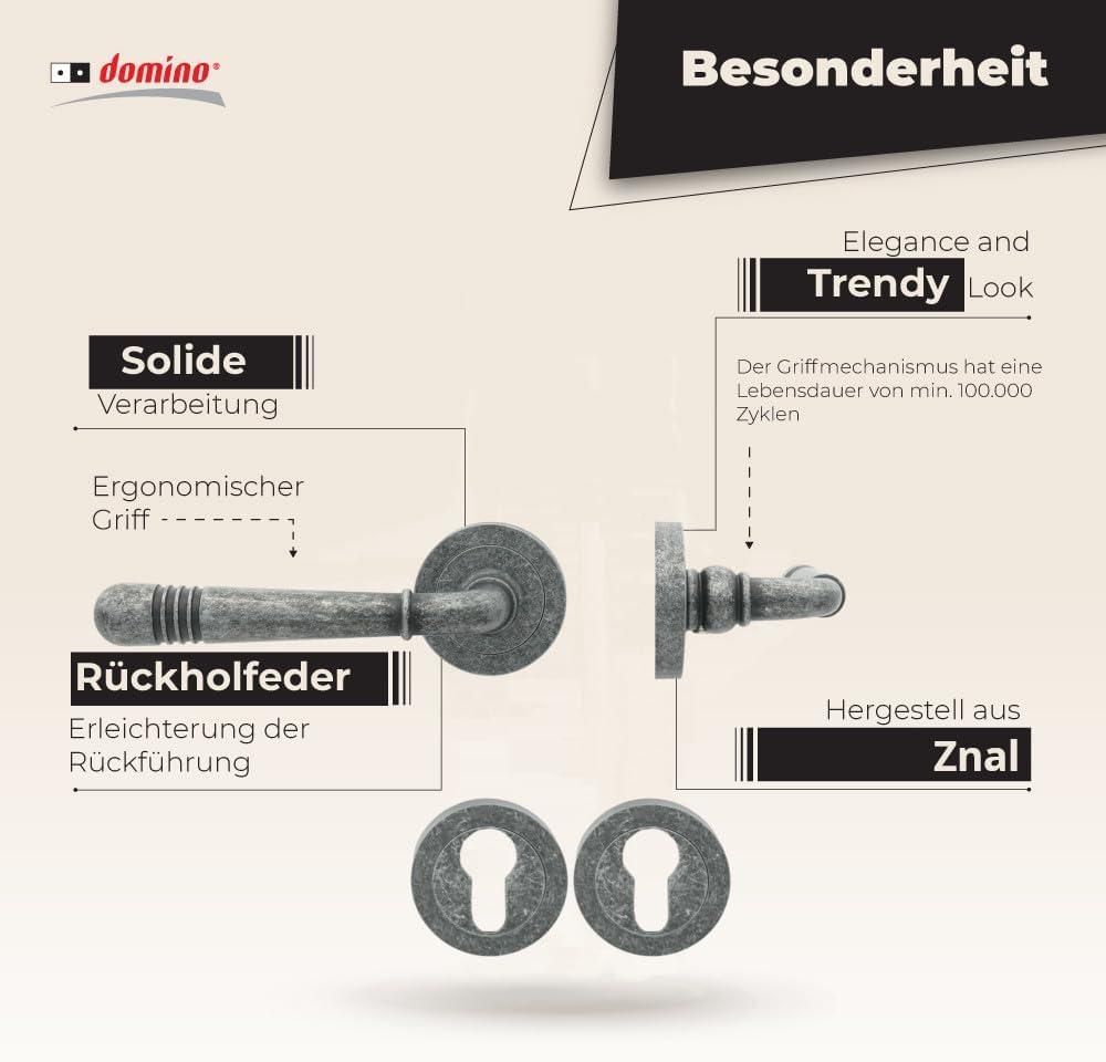 DOMINO Türgriff Drückergarnitur PZ -Profilzylinder Set | Türklinke für Zimmertür, Bürotür, Kellertür & Innentür | aus Znal | Nickel Antik | LOFT-R M95