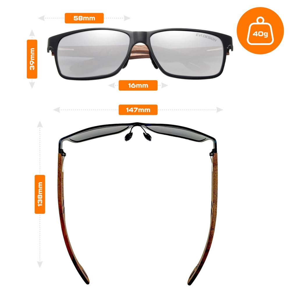 Sonnenbrille Herren Polarisiert UV400, Silber Verspiegelt Holz Sonnenbrille Nerd-Stil, Walnussholz-Bügel inkl. Etui & Zubehör, EVI DESIGN Silver