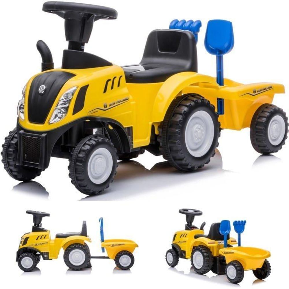 Porteur tracteur SUN BABY New Holland avec remorque et accessoires, vue d'ensemble.