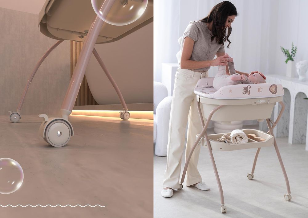 Neno Breza Babybadewanne und Wickelstation 2-in-1 mit Rollen und Ablage