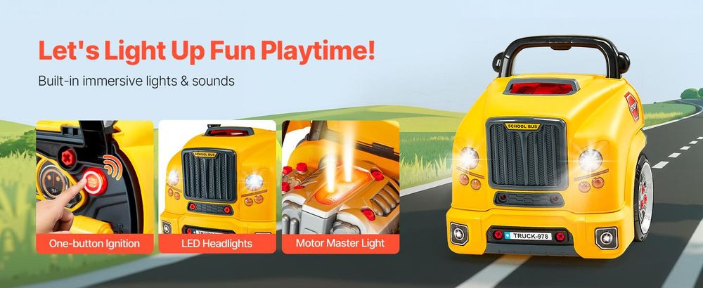 VEVOR Motor Spielzeug, 60 Teile, Kinder Mechaniker Auto Reparatur Set mit abnehmbaren Teilen, Lichtern und Geräuschen, Lenkrad und Hupe, Kinder Mechaniker Werkstatt Set für Kleinkinder ab 3 Jahren, Blau, Gelb