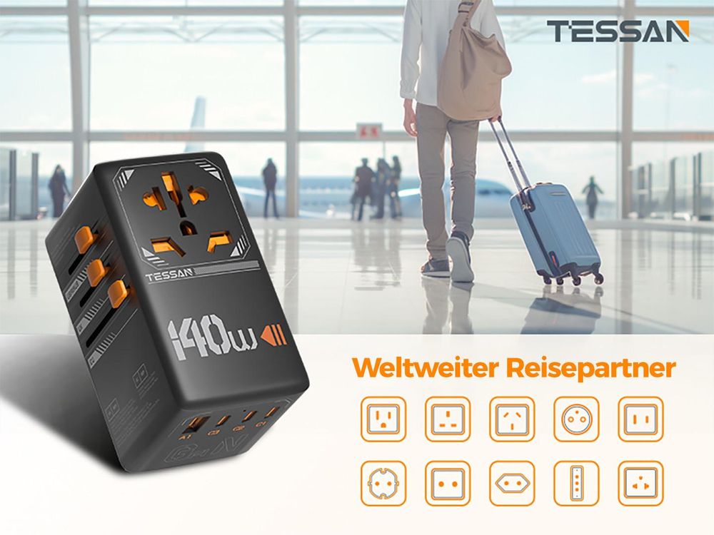 TESSAN Universal Reiseadapter 140W GaN Internationaler Steckeradapter mit 3 USB-C und 1 USB-A Typ C/G/A/I Schwarz