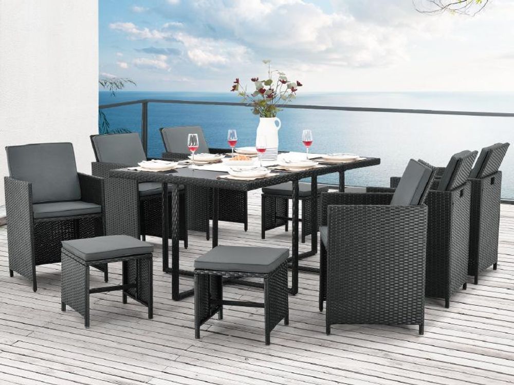Juskys Polyrattan Sitzgruppe Baracoa XL 11-teilig wetterfest & stapelbar – Gartenmöbel Set mit 6 Stühle, 4 Hocker & Tisch für Garten & Terrasse