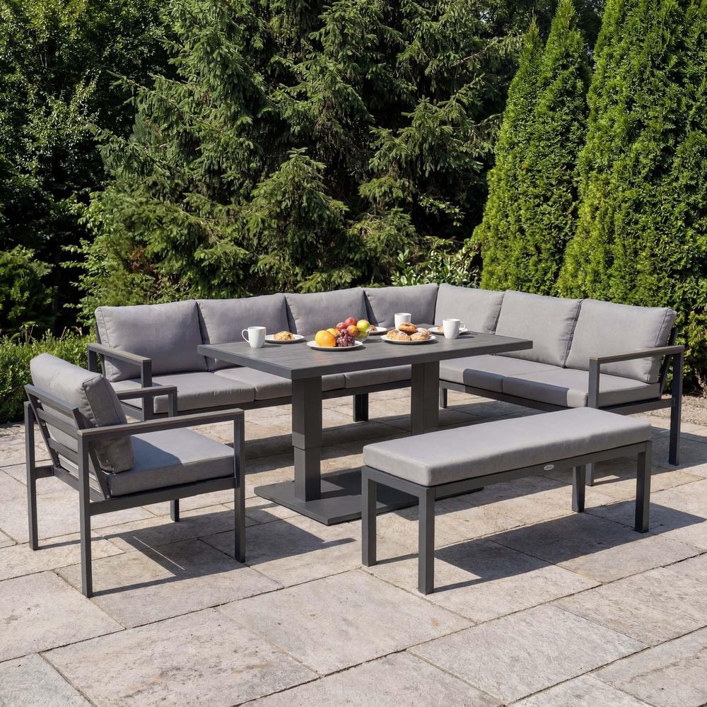 di volio Gartenmöbel Set Noli – grau, Outdoor Lounge aus Aluminium mit höhenverstellbarem Kunstholz–Tisch, wetterfest & bequem für 10 Personen