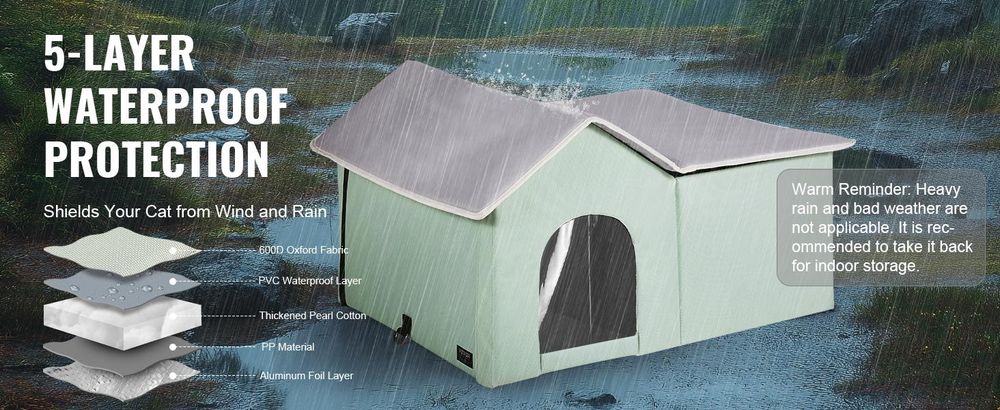 VEVOR Beheiztes Katzenhaus, Außenshelter für Katzen mit einstellbarer Temperatur und Timer, faltbares Katzenhaus aus 600D Oxford-Stoff mit beheiztem Pad für den Winter, um warm und gemütlich zu bleiben, Grün (Mittel), Grün-67x56x41 cm
