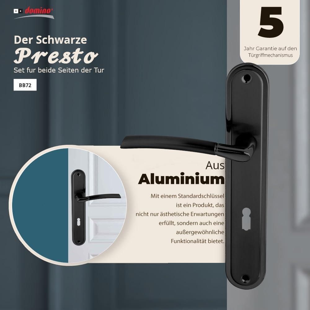 DOMINO Türgriff 72 Drückergarnitur BB-Buntbart Set | Langschildgarnitur | Türklinke für Zimmertür, Bürotür, Kellertür & Innentür | L-Form | Türbeschläge aus Aluminiuml | Schwarz Türdrückergarnitur |PRESTO BLACK