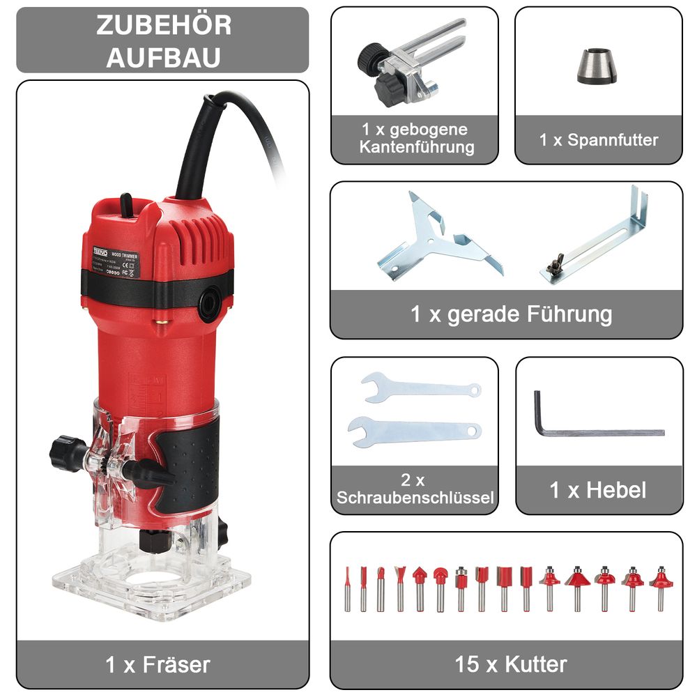 TEENO Holzfräse Oberfräse 800W 31000 U/min, elektrik Kantenfräse mit 15 Stück 1/4 Fräsen Cuter mit Spannzange 6/6,35 MM