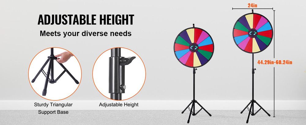 VEVOR 61 cm Glücksrad 4,3 kg aus Metallstativ verfügt über einen flexiblen Stativ zur Höhenverstellung, 14 Anpassbare Farbpreisplätze, personalisierte Anpassung, den gewünschten Text selbst hinfügen