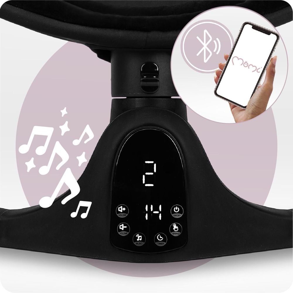 MoMi KENANI ONYX – Elektrische Babywippe mit Bluetooth, Fernbedienung, LED-Display & 5 Stufen, inkl. Spielzeug – Schwarz