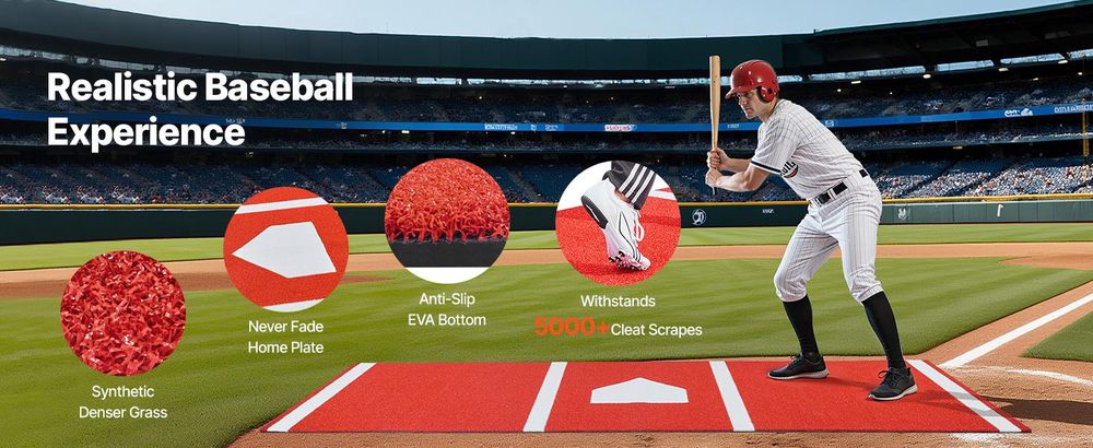 VEVOR Baseball Schlagmatte, 366x183cm Schlagkäfigmatte, Schlagbox Rasenmatten, Softball Schlagtraining Equipment mit Home Plate und farbechtem Rasen, tragbare Trainingshilfe für drinnen und draußen, Rot, 300x116 cm-Rot