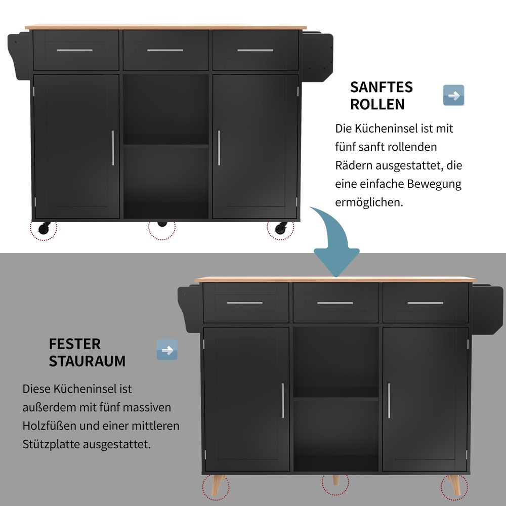 Flieks Servierwagen Kücheninsel Küchenschrank mit 3 Schubladen, Speisewagen mit Erweiterbarer Arbeitsplatte, Kücheinselwagen Küchentrolley, Schwarz