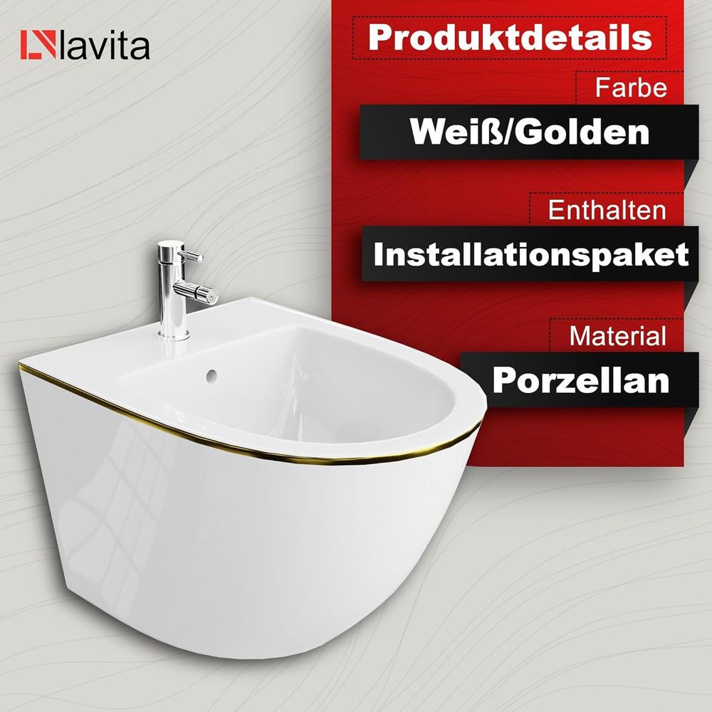 LAVITA Universal Wand-Bidet Sofi Gold Line mit Hahnloch und Überlaufschutz aus Keramik | Sitzwaschbecken zur Montage an der Wand | Hygienisch und Pflegeleicht | 36,5x49x32,5 cm |