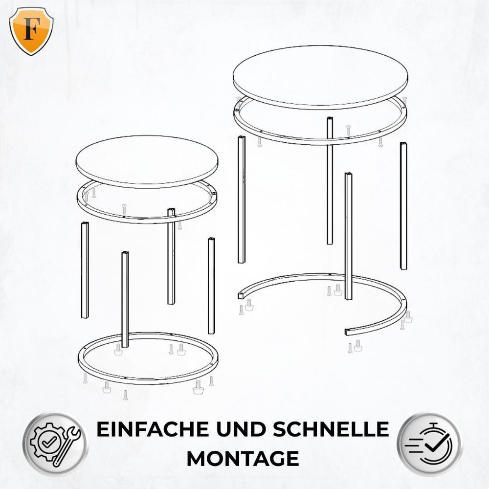 FORTENA Couchtisch Set 2er Rund, Eiche Optik/Schwarz, Metall