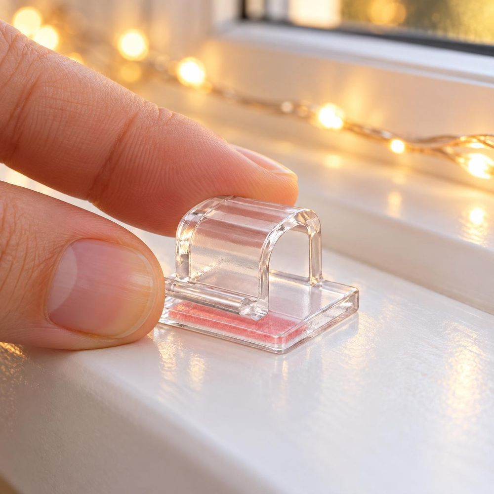 Finger drücken die flache Basis eines transparenten Klebeclips auf eine glatte Fensterbank.
