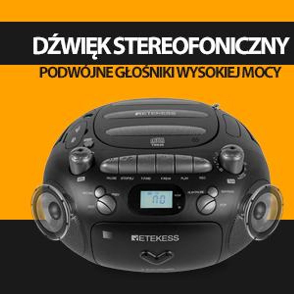Retekess TR630 Radio z CD, Boombox z kasetą, Radio na baterie, Wyświetlacz LCD, Dźwięk stereo, USB SD TF, Odtwarzacz CD na kemping na zewnątrz