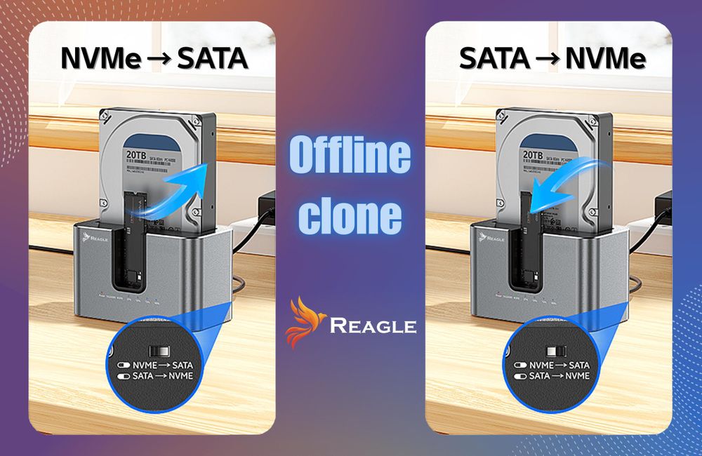 Reagle Dockingstation SSD HDD SATA 2,5 3,5 NVMe M.2 – USB Adapter Klonen – Dual Slot Festplattenstation kompatibel PC Laptop
