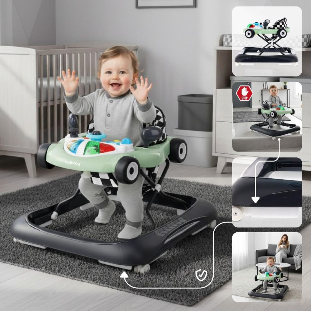 Dítě v chodítku SUN BABY, zvýrazněné detaily konstrukce a sedátka