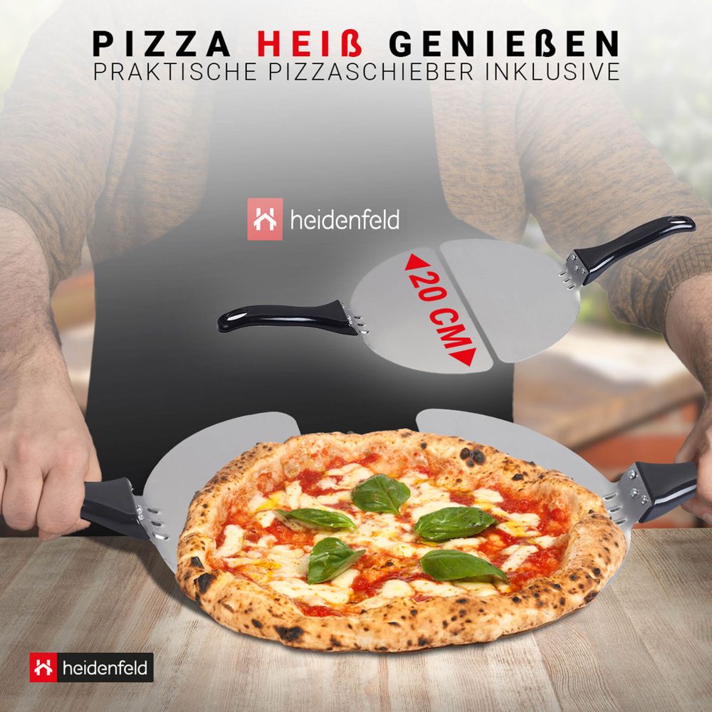 Heidenfeld Pizzaofen Napoli | Mobiler elektrischer Pizza Ofen - Bis 400°C - 1200 Watt - 135 mm großes Sichtfenster - Pizzastein - Timer