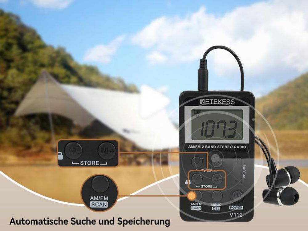 Retekess V112 Radio, mini Radio mit Kopfhörer, Batteriebetrieben, FM AM,Schlaftimer,Wiederaufladbar,LCD,500mAh Akku, für Laufen, Reisen, Angeln