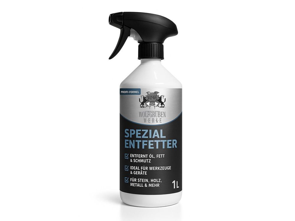 WO-WE Spezial-Entfetter, 1L Sprühflasche mit schwarzem Etikett und blauer Aufschrift, freigestellt.