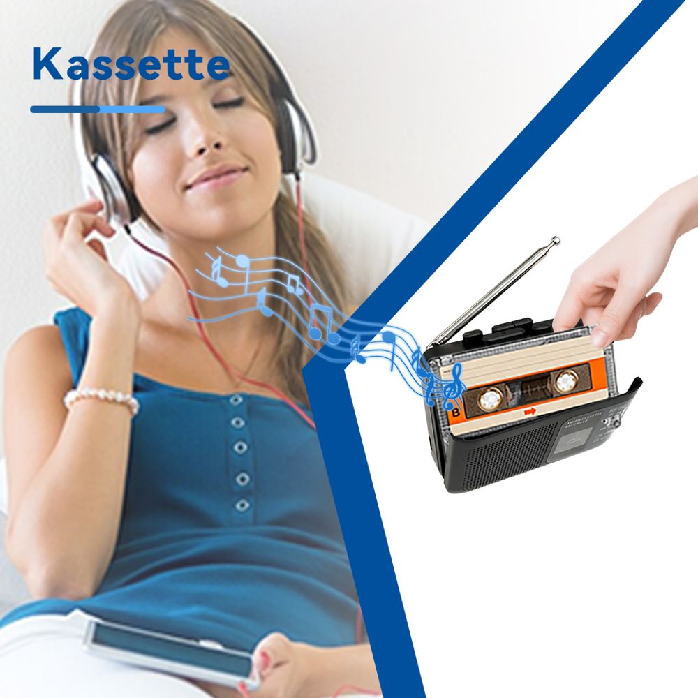 Retekess TR606 Tragbarer Kassettenspieler, FM-AM-Radio, Walkman-Kassettenrekorder, 3,5-mm-Kopfhöreranschluss, spielt alte Kassetten ab (schwarz)