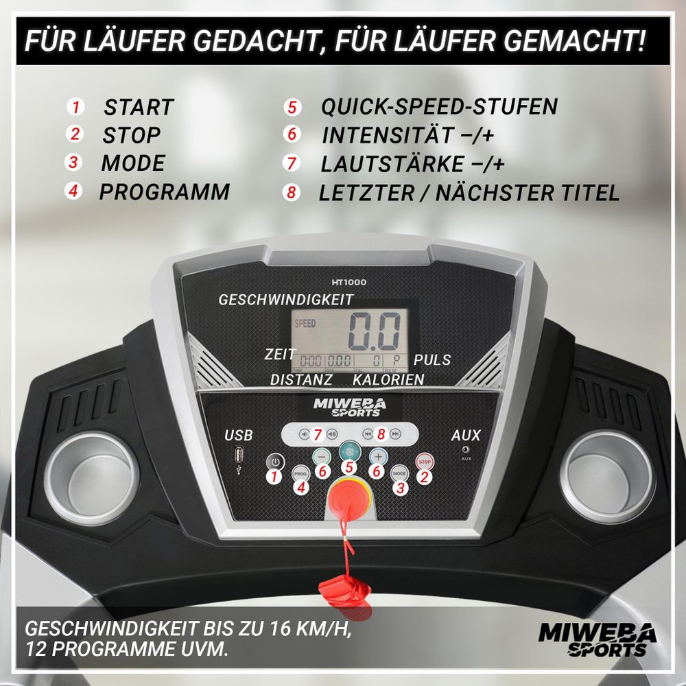 Miweba Sports Laufband | Heimtrainer Elektrisch - Fitnessgerät - Klappbar -  LCD-Display - Tablet Halterung -  Hometrainer bis 16 km/h - Schwarz