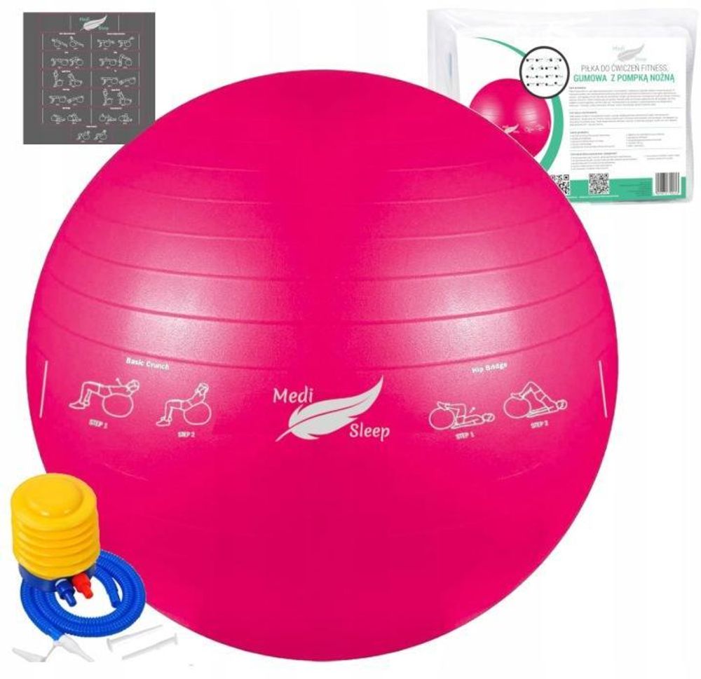 Ružová cvičebná lopta 65 cm s pumpičkou, fitness lopta s vyrysovanými cvikmi