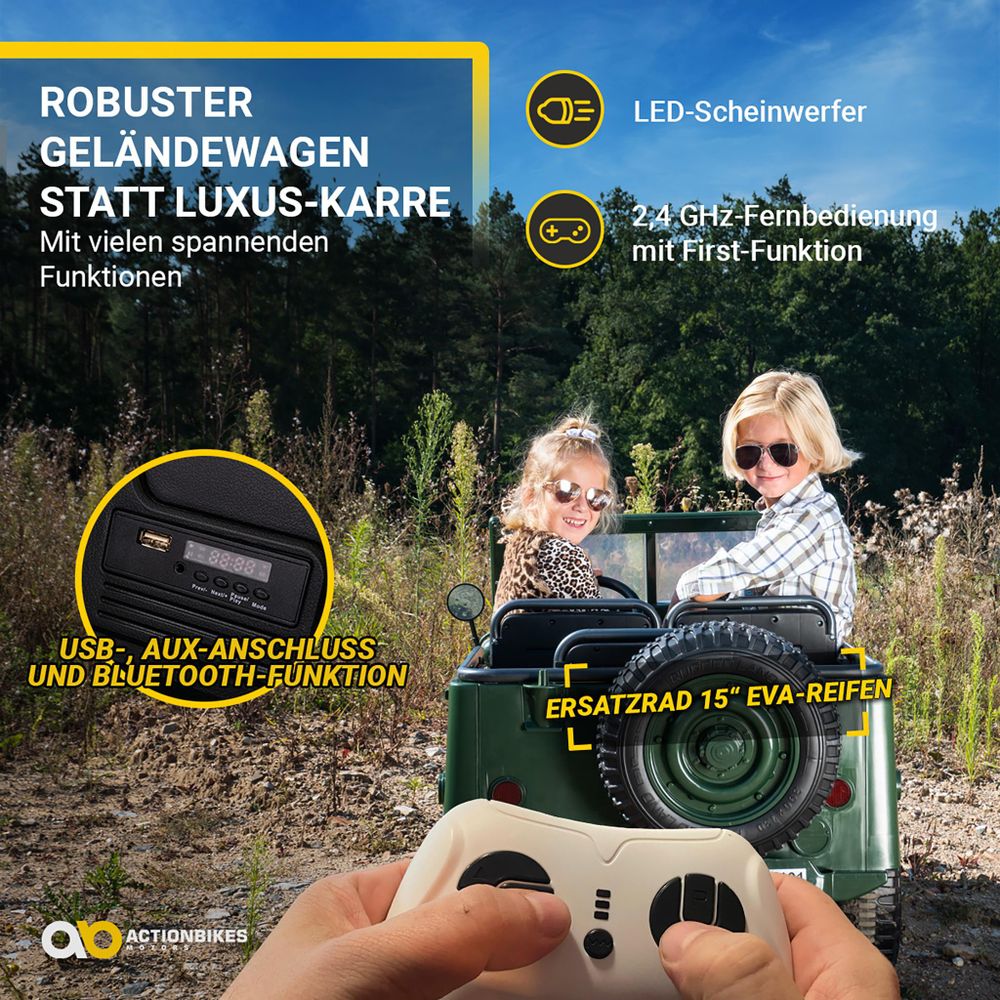 Actionbikes Motors Kinder Elektro Auto Jeep Willys | 3 Gurte - Allrad Antrieb - Dreisitzer - Fernbedienung - Federung - LED - Hupe - Geländefahrzeug