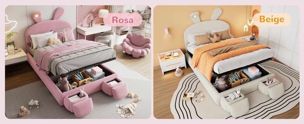 MODFU Kinderbett Polsterbett 140×200 cm mit warmfarbene LED-Licht, Jugendbett Doppelbett mit Kopfteil in Hasenohrenform und zwei Aufbewahrungshockern, Samt(Ohne Matratze), Boxspringbett Hydraulisches mit Bettkasten Stauraum, Samt Rosa
