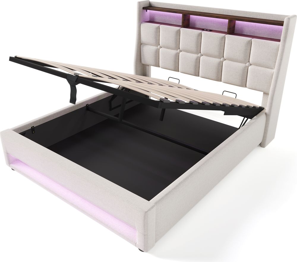 okwish LED Polsterbett 140x200 cm, Einzelbett mit USB, Jugendbett mit Metallrahmen Lattenrost, Bettgestell aus Leinen, Beige (mit Matratze)