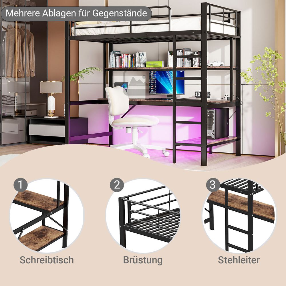 MODFU Hochbett 90x 200 Jugendbett mit LED-Leuchten&Schreibtisch,mit USB- und Stromanschluss,Einzelbett ohne Matratze,Schwarz