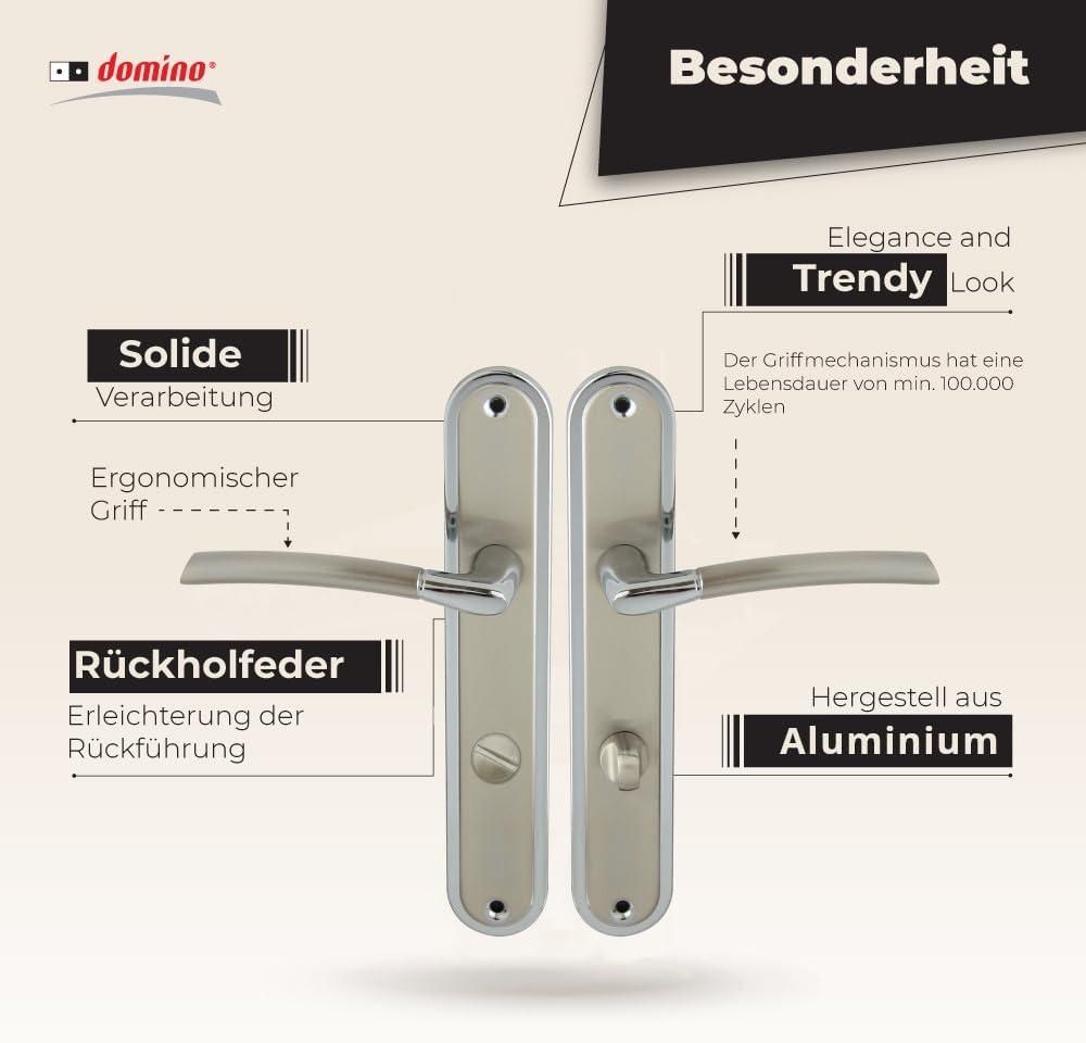 DOMINO Türgriff 78 Drückergarnitur WC - Badezimmer Set | Links & Rechts Türbeschlag für WC/Badezimmertüren | L-Form | Türbeschläge aus Aluminium | Chrom/Nickel Türdrückergarnitur | PRESTO M6/M9