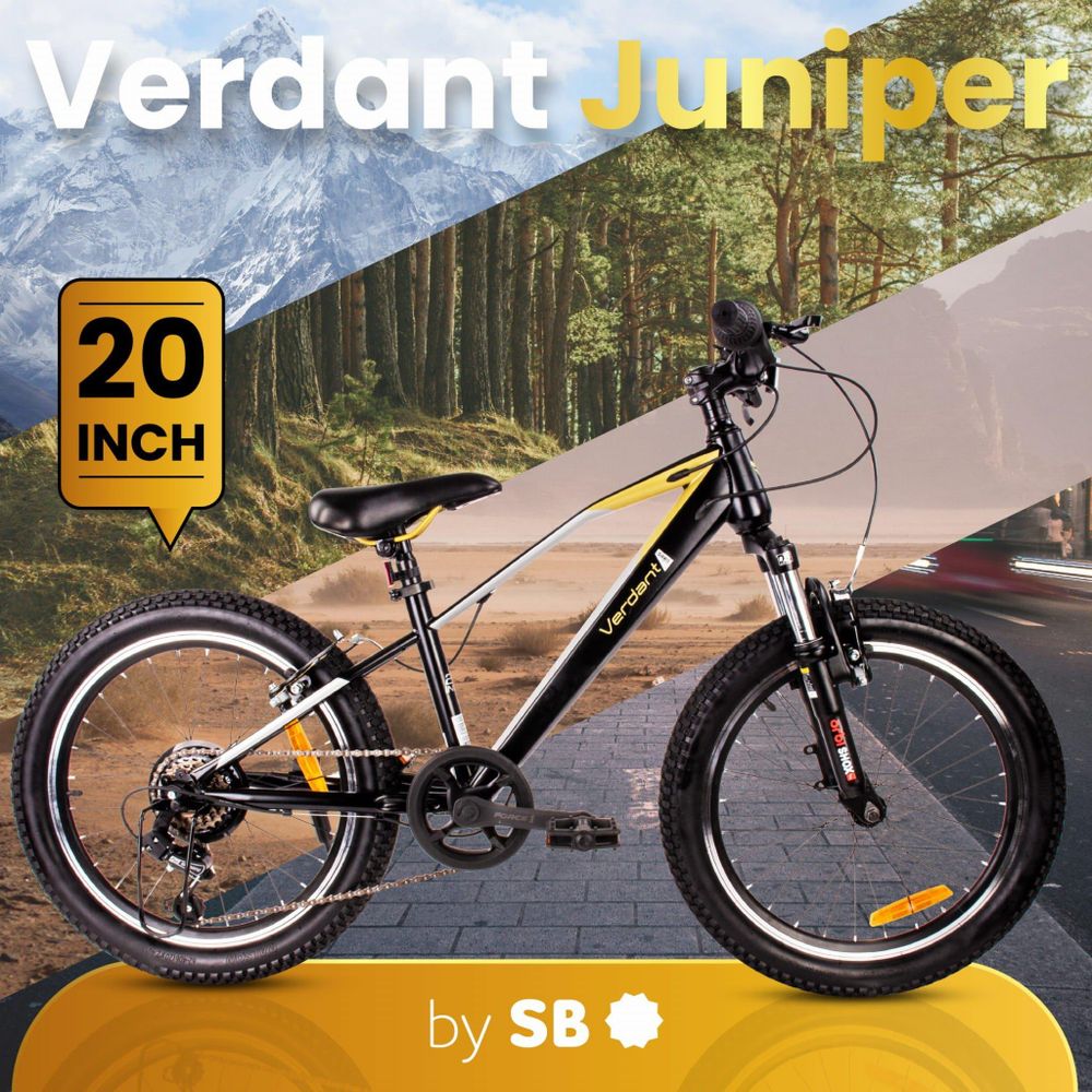 Bicicleta Verdant Juniper de 20 pulgadas en fondo de montaña y ciudad