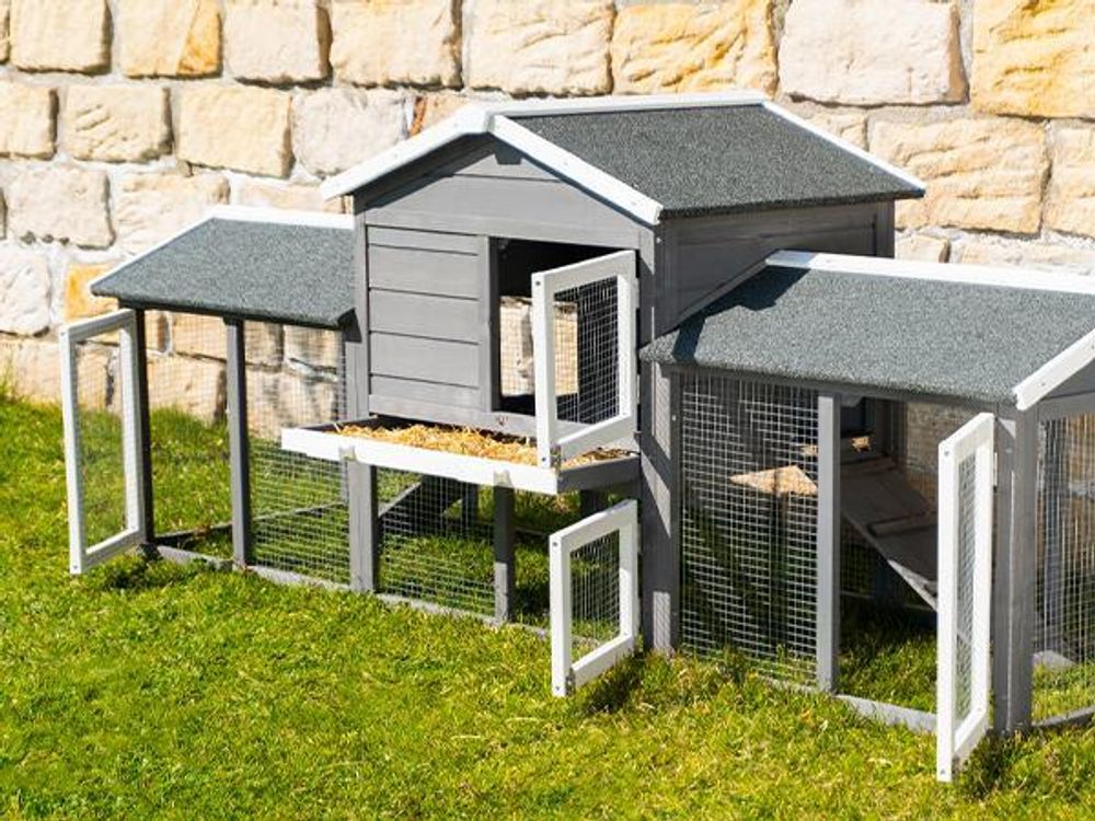 MyAnimal Hasenstall MH-03 | Hasenkäfig XXL mit Freilaufgehege - Kleintierkäfig - Kaninchenstall - 4 Türen - Kleintierstall - Wetterfest - 226x53x85 cm