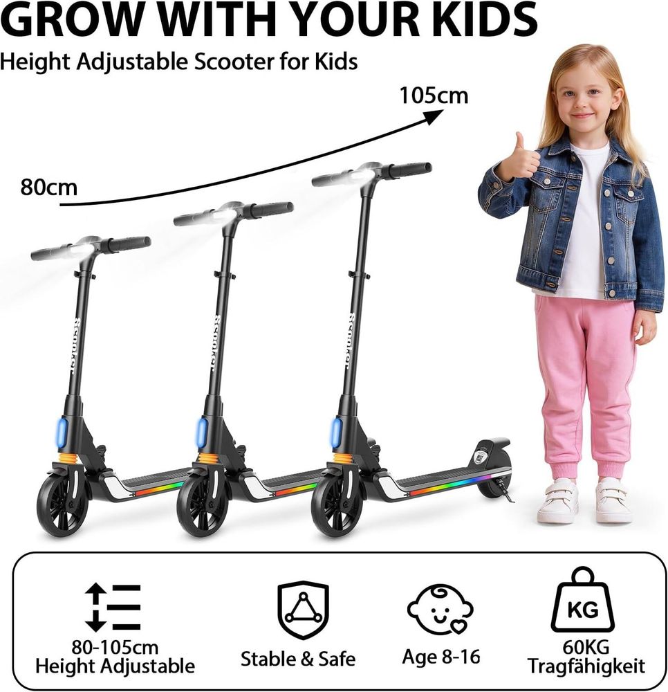 Elektroscooter Kinder Für 8-16 Jahren, Klappbar Jugendliche Elektroroller, 200W,  5,2Ah AKKU, Reichweite 10-20 km, Bis 20 km/h, LED, E-Scooter Schwarz
