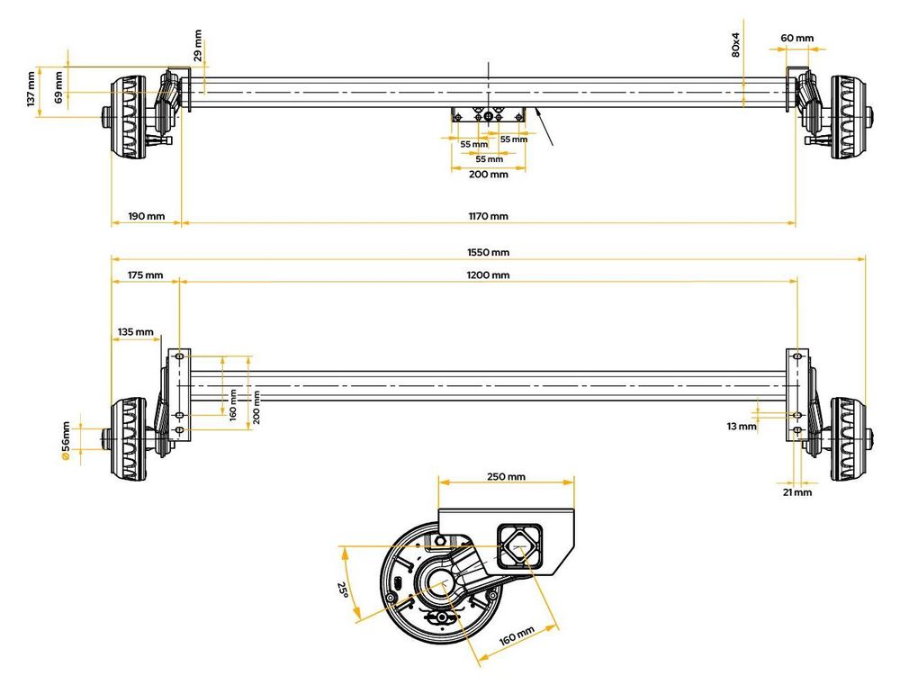 KNOTT brzděná náprava 1350 kg 1200 mm pro autopřepravníky a valníky