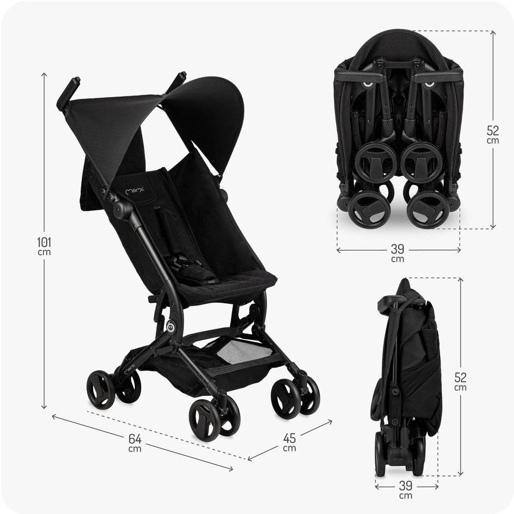 MoMi GRACE – Ultraleichter Baby Kompaktbuggy 6,2 kg mit Einhand-Faltung & Standfunktion, inkl. Rucksack, bis 15 kg – Schwarz