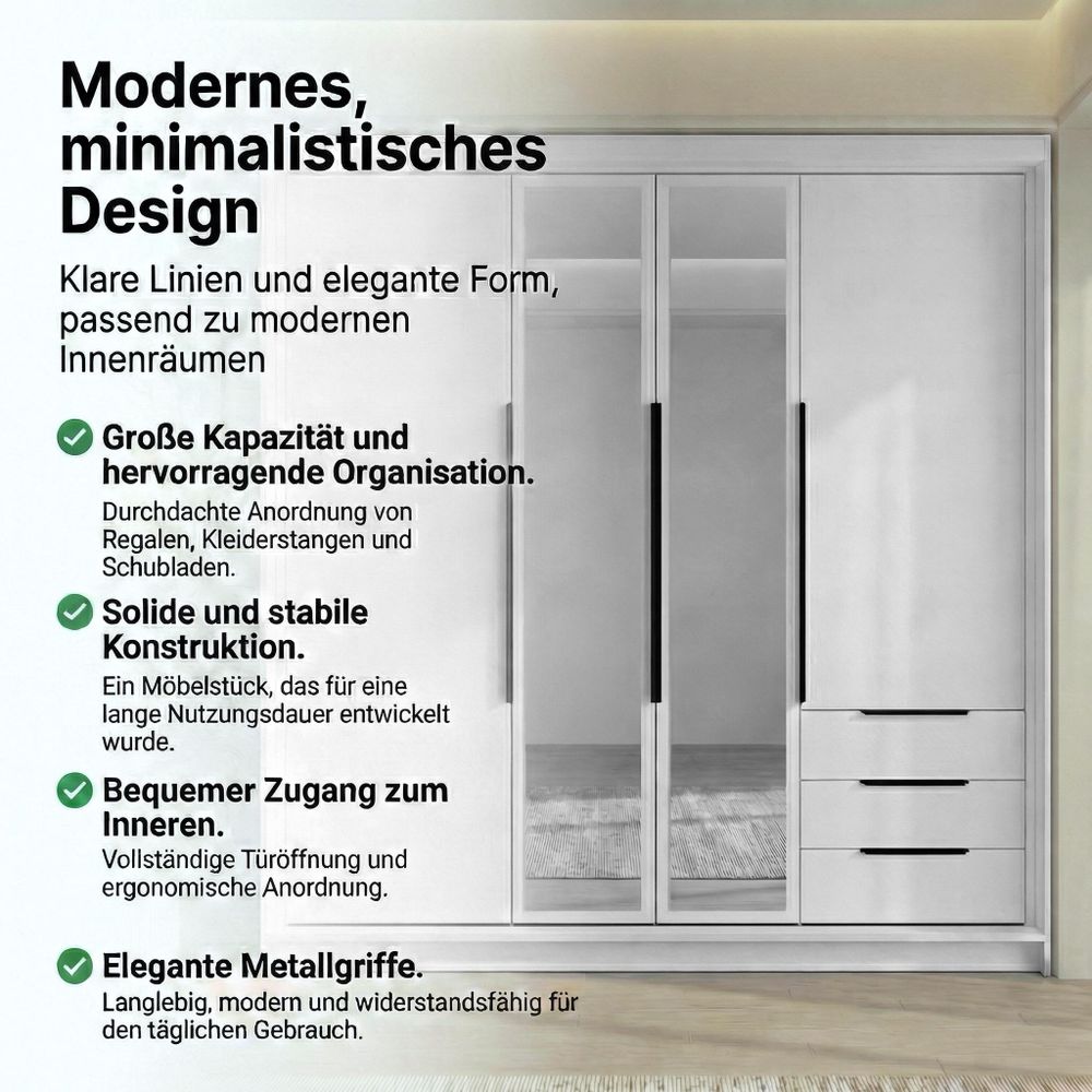 Geräumiger vier-türiger Kleiderschrank VIVO mit Schubladen und Metallgriffen – modernes Design