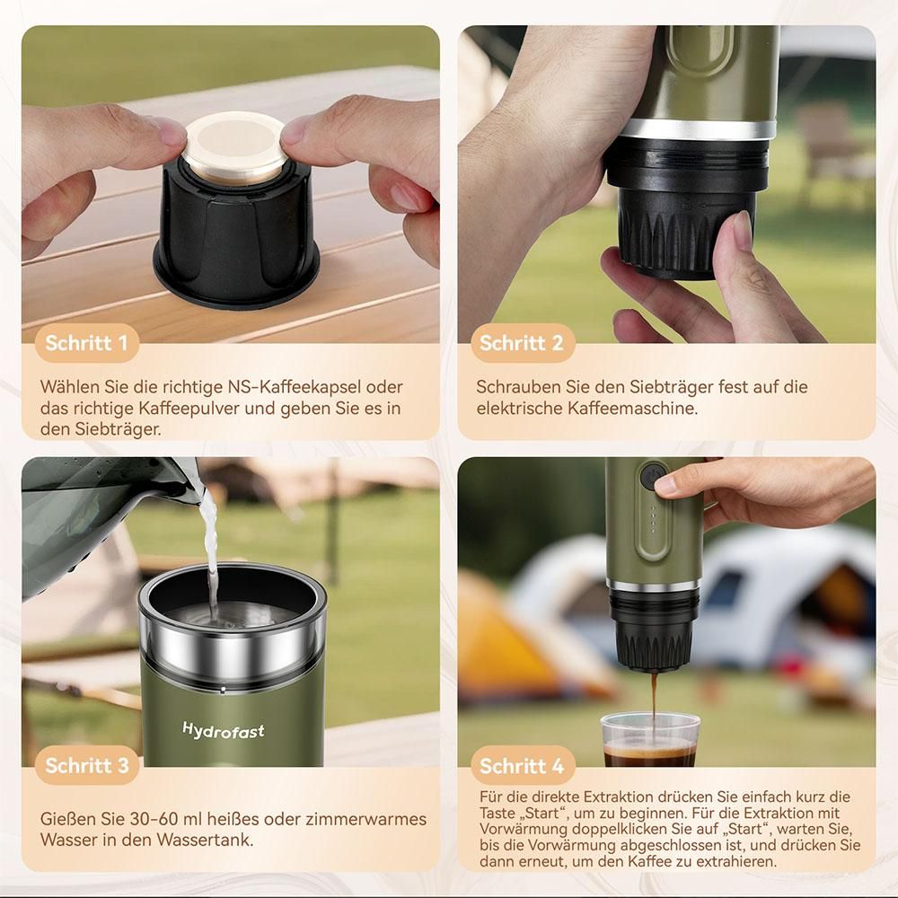 Hydrofast PO-100 tragbarer Espressomaschine, 15bar, 7800mAh, 2-in-1, Heißwasser, kompakt, Armeegrün
