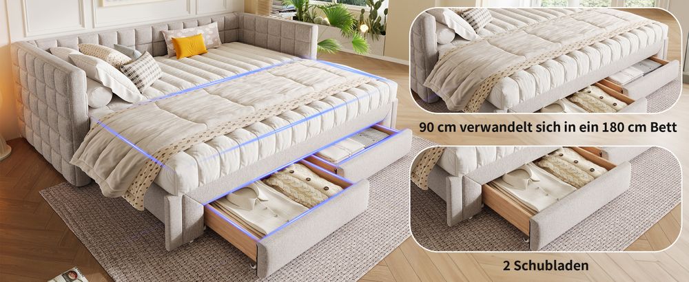okwish Daybett, Jugendbett Kinderbett Tagesbett, Ausziehbett Sofabett 90 x 200cm,t mit quadratischer Rückenlehne,(ausziehbar auf 180 Queensize), 2 Schubladen, ohne Matratze, Beige