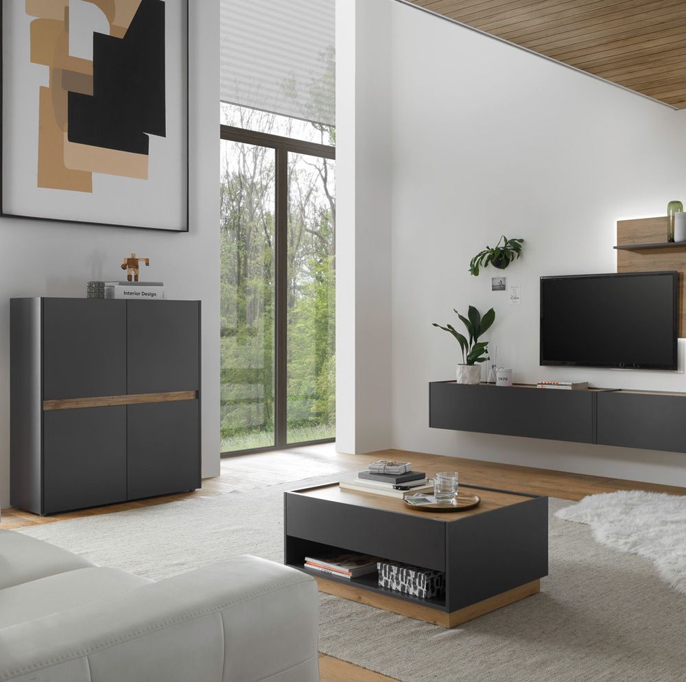 Couchtisch Wohnzimmer CRISP-61 in anthrazit mit Absetzungen in Wotan Eiche Nb., B/H/T: ca. 90/38/60 cm